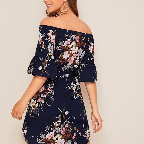 SELF TIE FLORAL PRINT CURVED HEM BARDOT DRESS - Picture 2 of 2